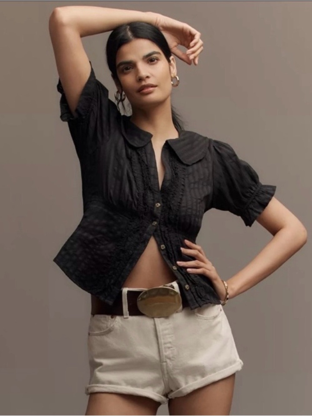 Anthropologie Pilcro Keira Waisted Tuxedo-Front Black Textured Blouse Top L NWT